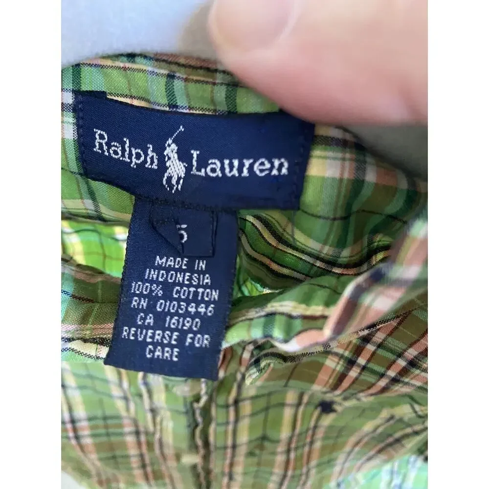 Ralph Lauren Boys Shirt Sz 5 Green‎ Orange Yellow Plaid Button Down Short Sleeve